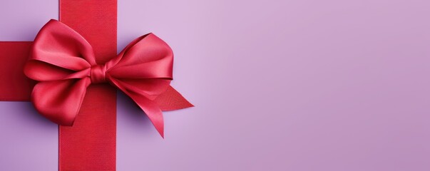 Red ribbon with bow on lavender background, Christmas card concept. Space for text. Red and Lavender Background