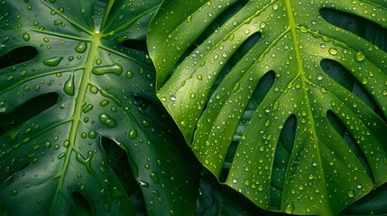 Fototapeta premium Tropical Leaves: A close-up photo of a single, large tropical leaf with dew drops
