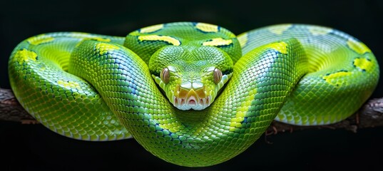 Detailed close up of a vibrant emerald serpent in the lush tropical jungle environment