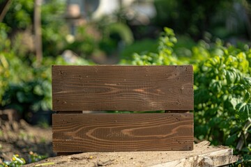 Vintage Wooden Sign on Pallet in Garden with Green Plants in Background