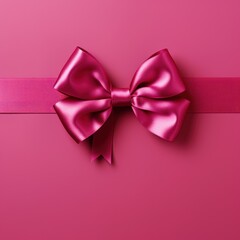 Red ribbon with bow on magenta background, Christmas card concept. Space for text. Red and Magenta Background