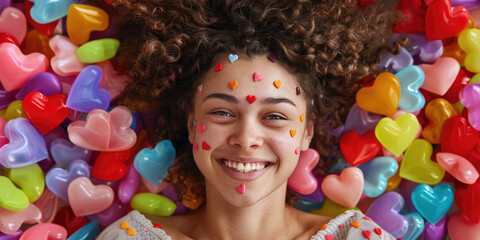 An overhead view of a young smiling woman lying in a pile of toy plastic hearts. Creative concept of social media, influencers and opinion leaders.
