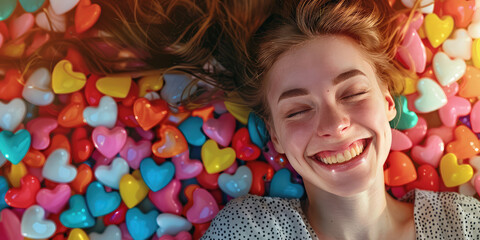 Fototapeta na wymiar An overhead view of a young smiling woman lying in a pile of toy plastic hearts. Creative concept of social media, influencers and opinion leaders.