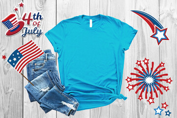 4th of july Blue shirt Mockup with usa flag for mockup design, fourth july celebration, 4th of July USA Independence Day, Celebration memorial day in America.