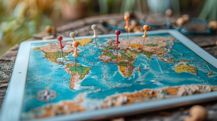 World Map: A photo of a world map on a tablet screen, with pins marking locations