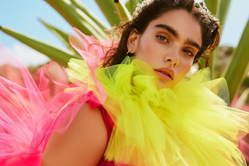 Close up portrait of a woman in bright yellow and pink tulle dress standing amidst giant cacti with magenta spines. Fashion editorial.