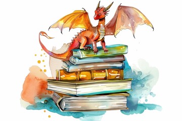 Fantasy Dragon Sitting on Stack of Books with Watercolor Splashes, Illustration for Book Lovers and Creative Minds