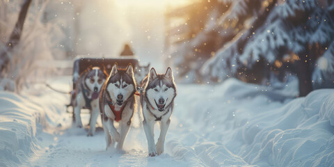 Huskies pulling an empty wagon through the snow. Cute dogs in a sled pulling a sled in the north.