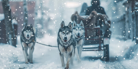 Huskies pulling an empty wagon through the snow. Cute dogs in a sled pulling a sled in the north. - obrazy, fototapety, plakaty
