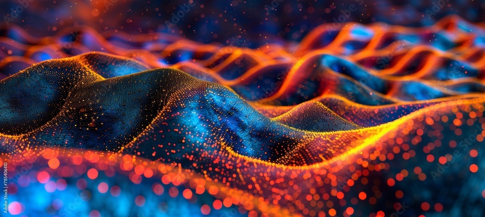 Poster digital network linking streams with particle waves symbolizing information technology