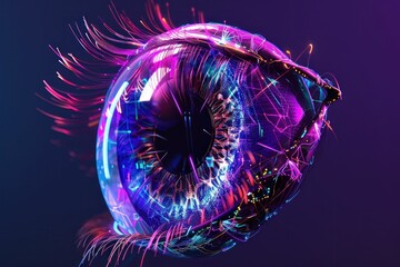 Bright blue light emitting from 3D eye on purple background with illuminated iris and pupil