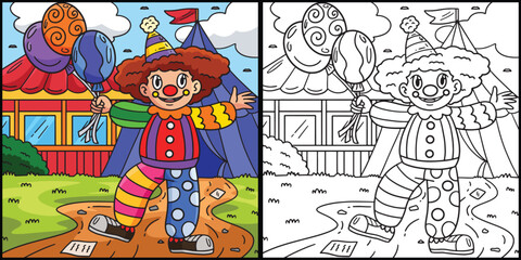 Circus Clown Holding Balloon Coloring Illustration