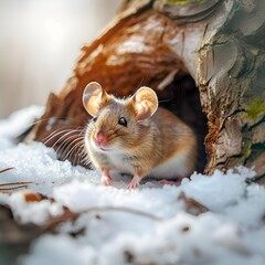 Mysz wychodząca z norki zimą - obrazy, fototapety, plakaty