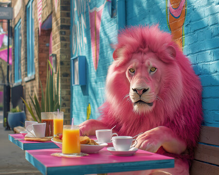 Abstract photo of a pink lion sits at a pink table of an outdoor cafe and eats a breakfast. Surreal animal concept. Pastel Lion Breakfast.
