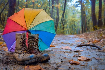 Parasol i zabłocone buty  na leśnej ścieżce