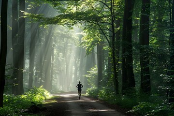 Mężczyzna biegnący przez las w świetle promieni słonecznych - obrazy, fototapety, plakaty