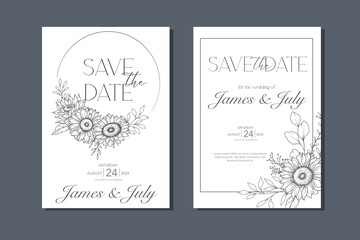 Line Art Sunflowers Wedding Invitation template, Outline Sunflowers Minimalist Wedding Stationery, Sunflowers Wedding