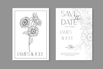 Line Art Sunflowers Wedding Invitation template, Outline Sunflowers Minimalist Wedding Stationery, Sunflowers Wedding