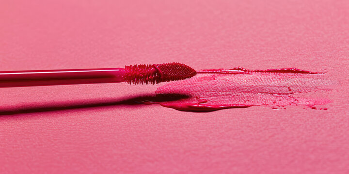 Open lipstick draws a swatch line on the paper. A smear of classic pink matte lipstick, copy space.