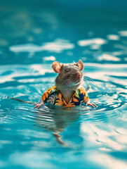 Adorable little rat wearing a hawaiian shirt, swimming in the pool. Minimal summer vibes concept.