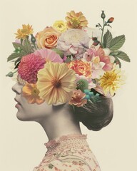 Beautiful Woman with Flowers in Her Hair and a Flower on Top of Her Head in Spring Garden Portrait