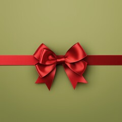 Red ribbon with bow on olive background, Christmas card concept. Space for text. Red and Olive Background