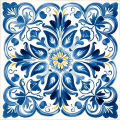 Pattern of azulejos tiles. Rustic blue and yellow tile watercolor seamless pattern.
