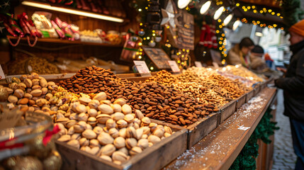 Market stall with candied toasted almonds at Christmas
