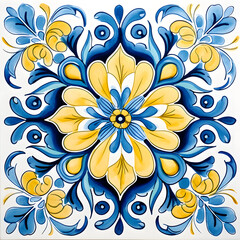 Pattern of azulejos tiles. Rustic blue and yellow tile watercolor seamless pattern.