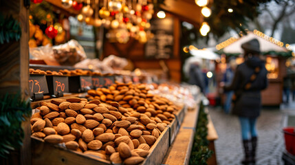 Market stall with candied toasted almonds at Christmas - obrazy, fototapety, plakaty