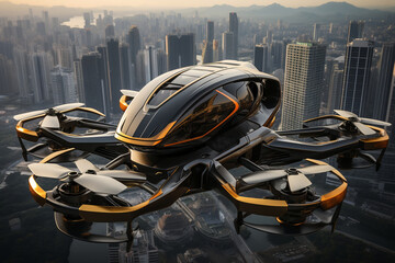 A drone-taxi gracefully soaring above a modern urban landscape, transporting passengers amid...
