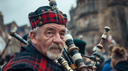 Seasoned bagpiper plays in traditional Scottish attire, his expression focused and filled with...