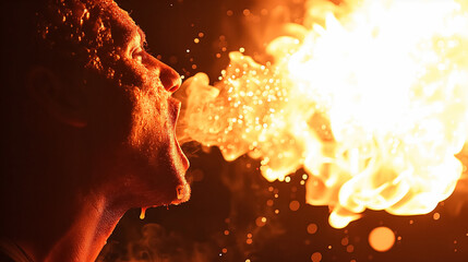 Person performs a breathtaking fire breathing show, exhaling a large plume of fire into the night sky.
