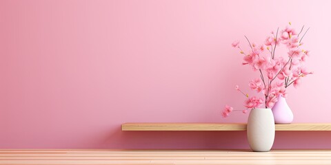 Fototapeta na wymiar Pink background with a wooden table, product display template. Pink background with a wood floor. Pink and white photo of an empty room