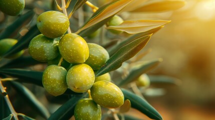 Spanish olive tree  close up of green olives on a sunny day for vibrant search results