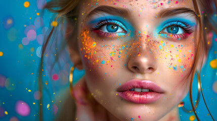 A woman with blue eyes and a colorful glitter on her face, generative ai