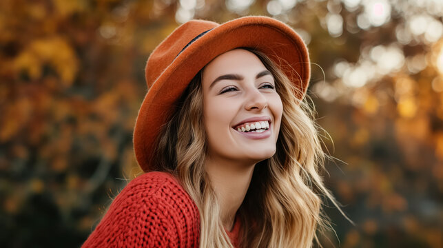 Joyful woman in a red sweater and orange hat laughs heartily, surrounded by the golden hues of autumn leaves.