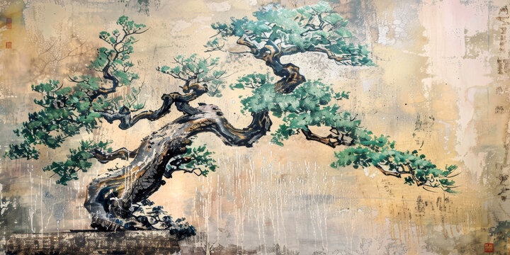 Vintage traditional style Japanese painting of Bonsai tree.