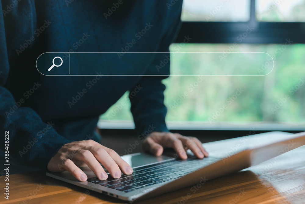 Poster the search bar on the laptop. concept of keyword search engines, web browser information, seo optimi