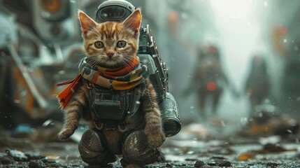 A supersoldier kitten in exoskeleton armor with a camouflaged wool scarf on a reconnaissance mission  Color Grading Teal and Orange - obrazy, fototapety, plakaty
