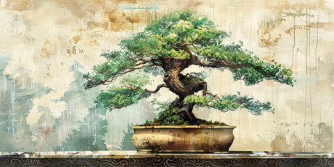Vintage traditional style Japanese painting of Bonsai tree.