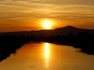 Sunset on the water channel, Mediterranian cost of Spain, El Grao de Castellon, Valencia, Spain