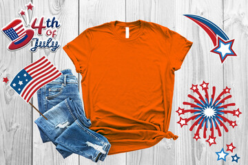 4th of july Orange shirt Mockup with usa flag for mockup design, fourth july celebration, 4th of July USA Independence Day, Celebration memorial day in America.