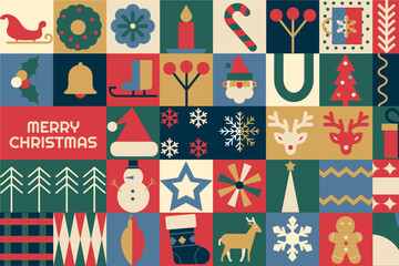 Fototapeta premium Bauhaus retro geometric pattern, background Merry Christmas