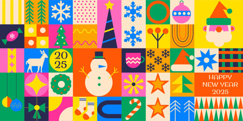 Fototapeta na wymiar Bauhaus geometric pattern, background Merry Christmas and Happy New Year. Flat modern mid century illustration