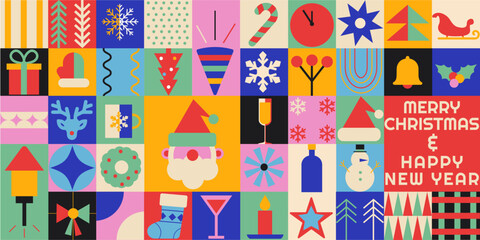 Bauhaus geometric pattern, background Merry Christmas Happy New Year. Flat mid century modern illustration