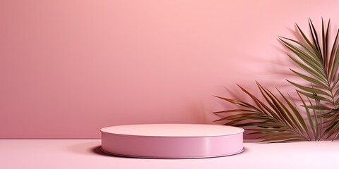 Pink background with shadows of palm leaves on a pink wall, an empty table top for product presentation. A mockup banner stand podium