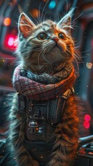 An alien diplomat kitten wearing a ceremonial wool scarf during first contact on a space station - obrazy, fototapety, plakaty