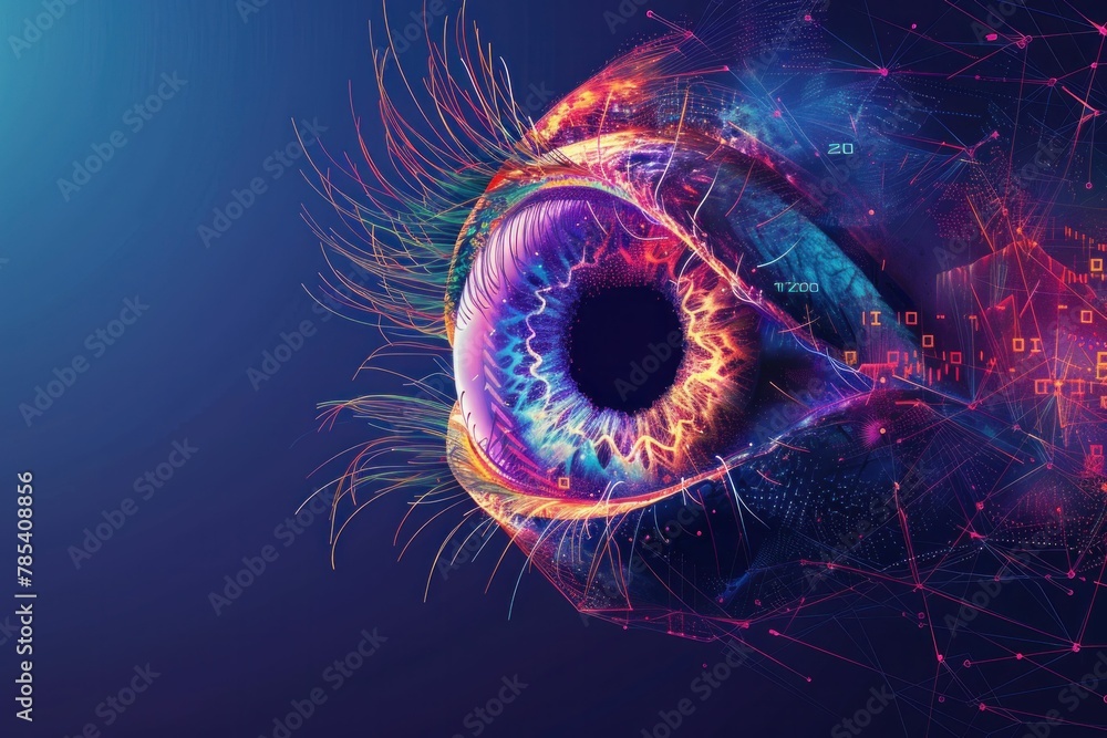 Poster abstract digital eye surrounded by interconnected lines and dots on computer screen
