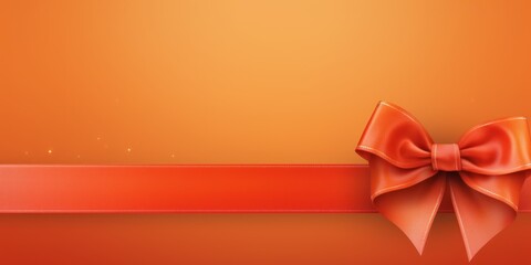 Red ribbon with bow on orange background, Christmas card concept. Space for text. Red and Orange Background